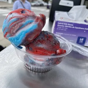 Rainbow water ice: strawberry, lemon, and blue raspberry