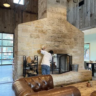 Starting the fire in the fireplace