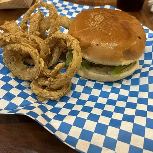Sterling burger with a side of onion rings