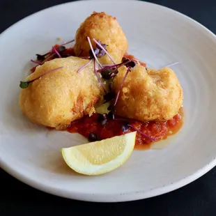 Croquettes of Salt Cod Brandade with Spicy Tomato Sauce, Aioli &amp; Gremolata