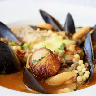 Seared Sea Scallops &amp; Pan Roasted Local Cod with Mussels, Pancetta, Leeks, Fennel, Fregola, Smoked Tomato Broth &amp; Aioli