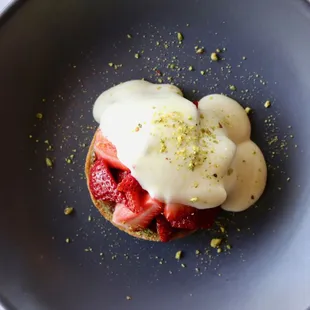 Market Strawberry Tart with Pistachio Frangipane, Riesling Sabayon