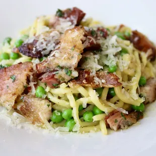 Spaghetti Carbonara: Housemade Pasta, Smoked Pork Belly, Spring Peas, Egg, Black Pepper &amp; Reggiano