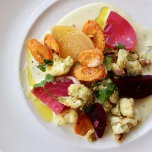 Salad of Pickled Beets with Roasted Carrots &amp; Cauliflower, Creamy Yogurt, Cilantro, Cumin &amp; Walnuts