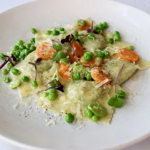 Ricotta Ravioli with Favas, Spring Peas, Carrots, Heidi's Little Greens, Sheep's Milk Cheese &amp; Butter Sauce