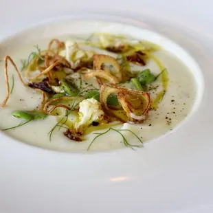 Cauliflower Soup with Crispy Shallots, Favas, Dill &amp; Olive Oil