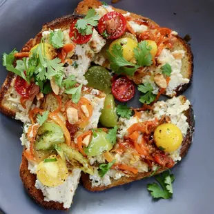 Herbed Ricotta Toast with Summer Pepper Ragout, Cherry Tomatoes, Almonds, Cilantro &amp; Balsamico
