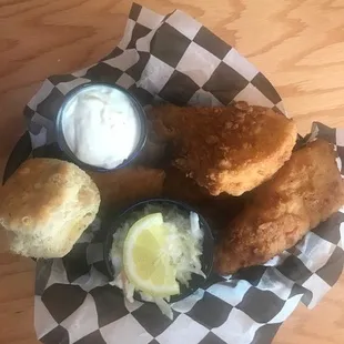 Fried cod fish, coleslaw, and cheesy biscuit