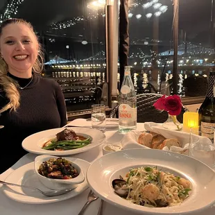 Bay bridge in the background, seafood pasta, short ribs, champagne and a beautiful woman. Amazing.