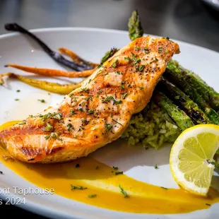 Grilled King Salmon
 Heirloom carrots, asparagus, cilantro rice, lemon miso sauce