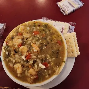 Shrimp and wild rice soup. Delicious!