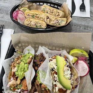 Top: Cali tuna burrito without the fries.  Bottom: Pollo asado, carne asada, and battered shrimp tacos.