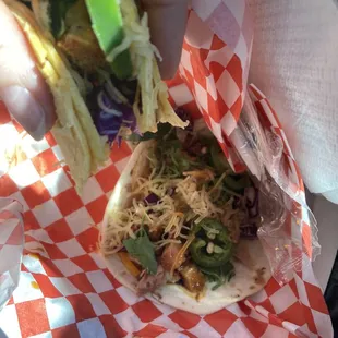 Shrimp taco in hand and brisket