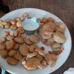 Fried pickles, cheese, and jalapeno bottle caps