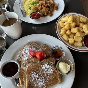 French toast, tater tots, omelette