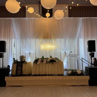Pipe &amp; draping with bunch accents and sign installation