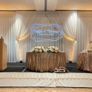 Want some bling? Crushed mini sequin in rose gold. Draping w/curtain accent