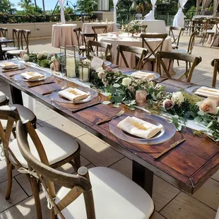 Crossback chairs, runners, champagne matte satin linens, chargers &amp; ivory napkins