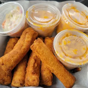 Wonton battered mozzarella sticks and mac and cheese for my fish fry