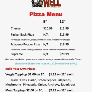 Pizza menu