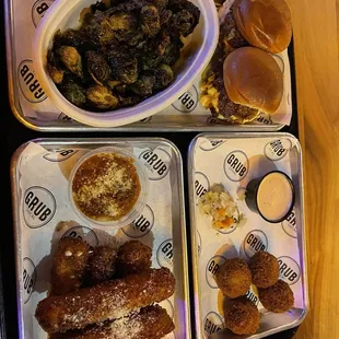 Pimento cheese burger sliders with a side of Brussels, house made cheese sticks, and hanky panky balls!