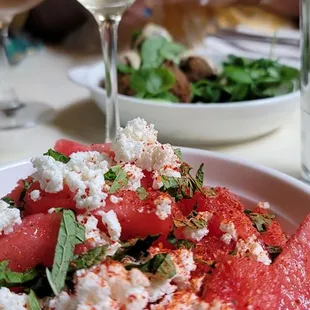 Watermelon, mint, and feta salad.