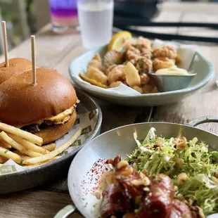 Burger, calamari, baked dates