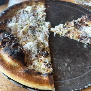 Garlic cheese pizza at the Sandwich shop.  A little too "charred" for me