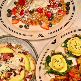 Waffle with fresh berries, Breakfast Flatbread &amp; Spinach Bene!