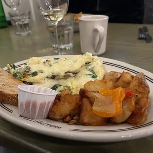 Egg-white omelette with veggies and roast potatoes