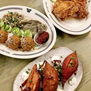 Meze platter, Fried Organic Chicken, Today's Vegetable