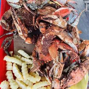 a plate of crab and fries