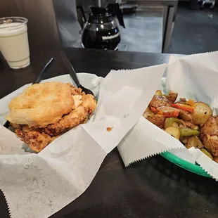 Chicken and pimento cheese biscuit and home fries