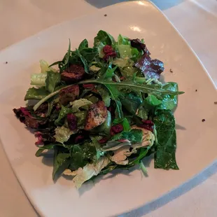 Field greens topped with dried cherries, crunchy croutons, and champagne vinaigrette.