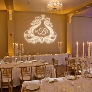 Our gorgeous wedding set up with perfect lighting and sparkling chandeliers.