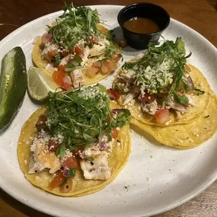 Chicken street tacos. Delish. The guacamole was on point (to us).  That jalapeño was HOT!