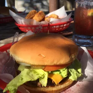 Wet Deck Cheeseburger with jalapenos and made to order onion rings.