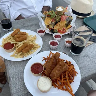 Mozzarella sticks, fish and chips, nachos