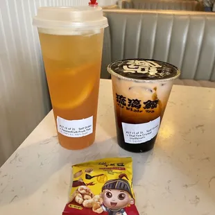 a drink and a snack on a table