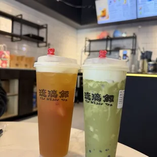 Passion fruit oolong and crème brûlée matcha