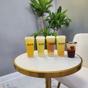 Peach Fruit Tea, Lychee Fruit Tea, Lychee Oolong Tea, Pomelo Lemon Tea, and Thai Milk Tea