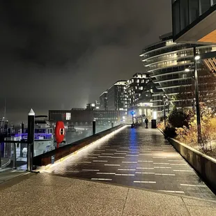 people walking on the boardwalk at night