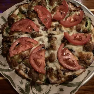 Garden Pizza with added sausage and meatballs!