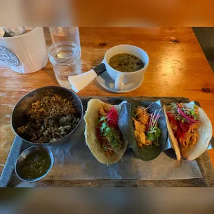 Chicken tacos with a cup of delicious mushroom soup