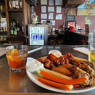 a plate of food on a bar