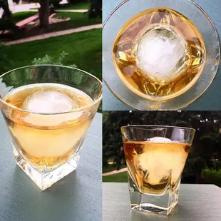 Ice cube sphere in a high distinctively shaped highball glass