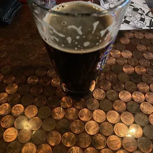 a pint of beer on a penny table