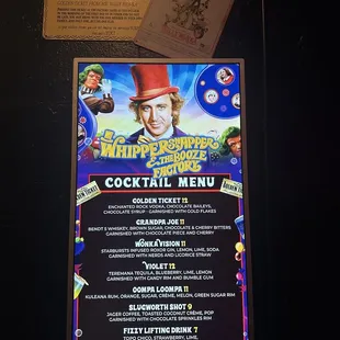 Willy Wonka drink menu