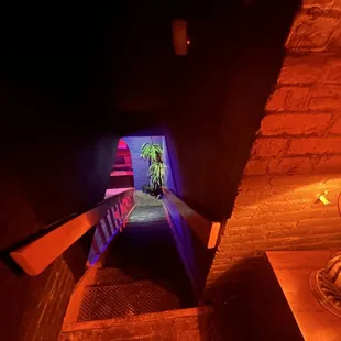 a staircase leading to a dark room