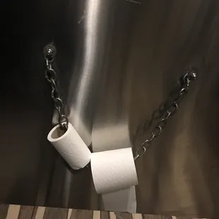 a roll of toilet paper hanging on a chain